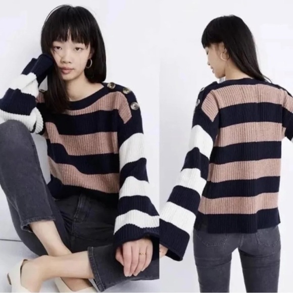 Madewell Calloway Boatneck Pullover Sweater in Stripe Mix Heather Earth size L - Picture 3 of 6
